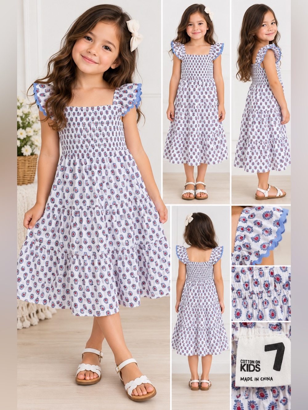 Cotton-On Kids Blue Floral Smocked Midi Dress